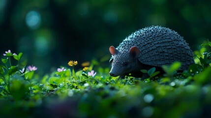 Obraz premium Adorable armadillo foraging in a vibrant green forest. Nature, wildlife, and conservation concept.