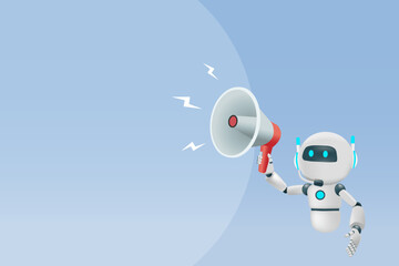 AI chat robot holding megaphone in speech bubble template. Marketing template, banner and announcement for artificial Intelligence innovation technology. 3D vector	
