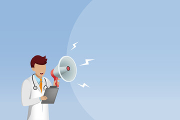 Doctor holding megaphone in speech bubble. Medical information template, hospital banner and news announcement. vector	