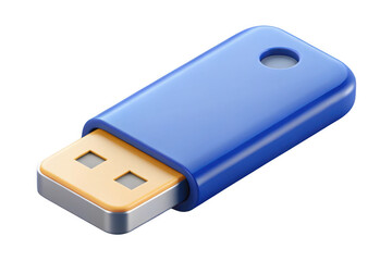 Blue usb flash drive with gold connector isolated on transparent background