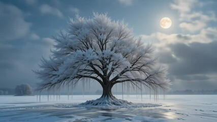 Enchanting Winter Landscape: Solitary Tree Under the Moonlight in a Frozen Field - Powered by Adobe