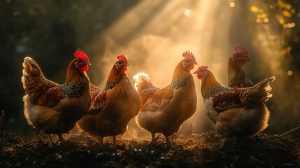 Golden hour gathering, A group of chickens basks in the morning sunlight