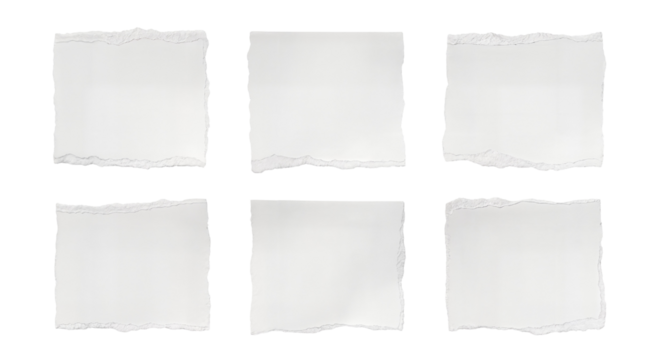 torn blank pages with uneven texture edges. set of ripped white paper sheets png isolated on transparent background. document or newspaper mockup
