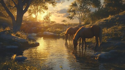 Equine Serenity, Horses Drinking at a Golden Stream During Sunset