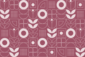 A seamless geometric pattern in muted rose tones featuring floral, circular, and abstract shapes arranged in a modern, symmetrical grid.