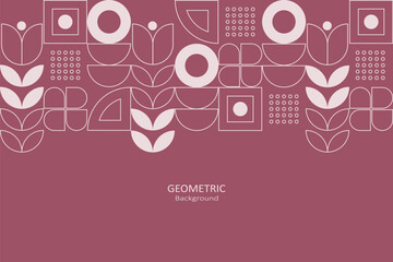 A geometric pattern in muted rose tones featuring floral, circular, and abstract shapes arranged in a modern style with copy space for text design