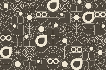 A playful geometric pattern in beige and dark brown featuring flowers, leaves, butterflies, circles, and abstract figures arranged in a modern, whimsical layout.