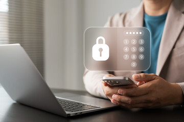 Cybersecurity and data protection concept. Businessman using smartphone with PIN password access and digital lock icon, securing personal information and online privacy through mobile authentication.