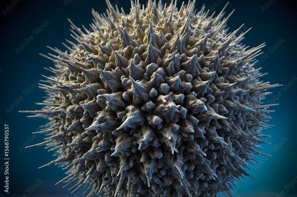 Fototapete close up of a spherical object covered in spikes with a blue background and soft lighting effect