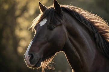 Close up of a dark brown horse with a white blaze on its face in a field at sunset light