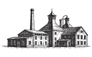 Fototapeta premium Distillery Brewery Factory Vector Engraving Illustration