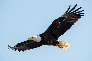 Fototapeta premium Bald Eagle Soaring with Wings Spread Against Clear Sky