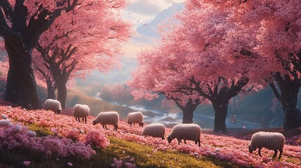 Pastoral serenity under cherry blossoms, sheep grazing in a flowering meadow