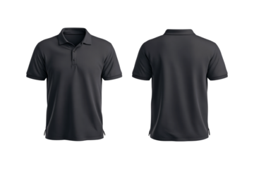 Realistic 3d render of a dark gray short sleeve polo shirt displayed front and back views isolated on transparent background