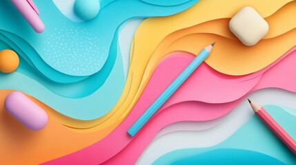 Colorful Stationery on Abstract Wavy Background - Playful and Creative Design
