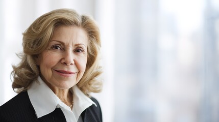 Confident senior businesswoman in formal attire with soft lighting and blurred office background.