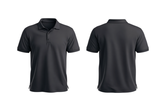 Realistic 3d render of a dark gray short sleeve polo shirt displayed front and back views isolated on transparent background