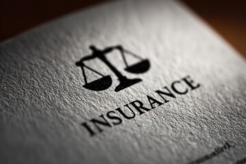 Close-up of insurance document with scales of justice symbol on textured background highlighting legal importance