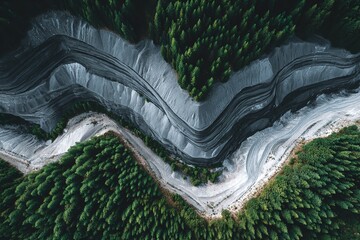 Striking aerial view of silvery mineral deposits contrasting with vibrant green forest landscape at midday