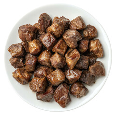 Obraz premium Juicy Tender Brown Beef Cubes on White Plate Ready to Serve