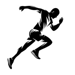 A black silhouette illustration of a male runner in mid-stride, capturing the intense motion and energy of sprinting. 
