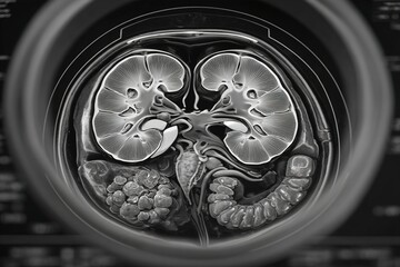 Detailed view of human kidneys and surrounding organs captured in medical imaging technology