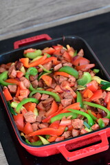 Sausages and Vegetables – Fresh Ingredients for Cooking Lecsó, a Traditional Central European Dish