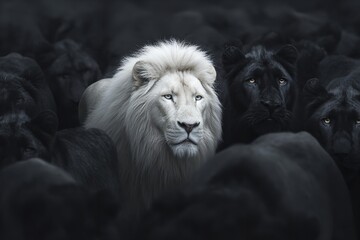 Majestic white lion stands out among dark lions in a dense gathering during twilight hours in the African savanna