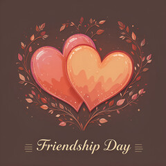 Two hearts surrounded by leaves with friendship day text on a brown background illustration