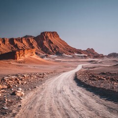 Dusty road winds through red desert landscape