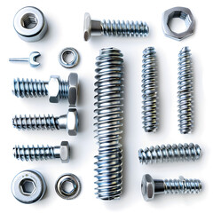 Machine screws with spiral threads and metal heads Isolated on Transparent or White Background, PNG