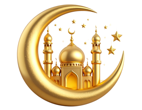 3D Crescent Moon with Glowing Golden Mosque and Stars Ramadan and Eid Symbol, PNG