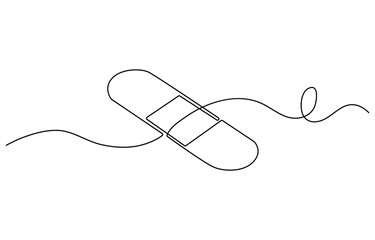 Obraz premium One continuous line drawing of bandage . Single line of bandage vector illustration, Outline drawing of a plaster, medical icon, Medical plaster, Corn Plaster, elastic medical plaster or adhesive.