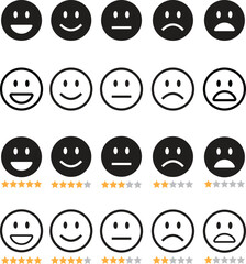 Feedback emoticon black flat, line icon set. Very happy, happy, neutral, sad, very sad emoji. Rating face emoji with stars good to bad customer feedback indicator for survey, review and satisfaction.