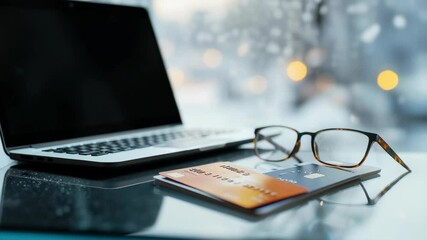 Working on a laptop with glasses and a credit card on a winter day