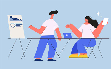 Woman and man business people vector cartoon art illustration silhouette data analyst and presentation concept