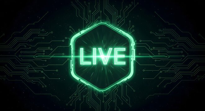 Streaming online event shown with a futuristic glowing live icon