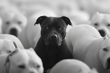 Unique black dog stands out among a crowd of white dogs in a serene setting during daylight hours