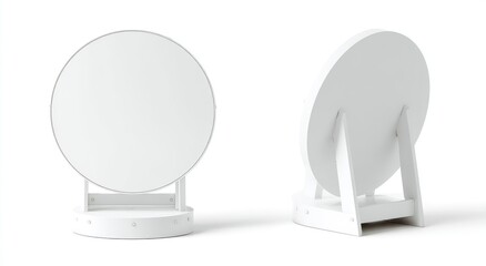 White round mirror on stand, back view