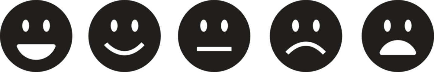 Fototapeta premium Feedback emoticon black flat icon set. Very happy, happy, neutral, sad and very sad emoji. Rating face emoji good to bad customer feedback indicator for survey, reviews, experience and satisfaction.
