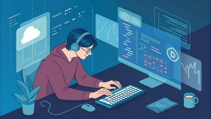 Person coding with headphones on in front of a large computer screen with floating data panels