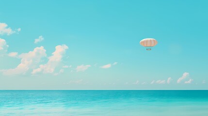 Serene seascape with a hot air balloon soaring in a clear blue sky.  Concept of travel, adventure, freedom, and escape.
