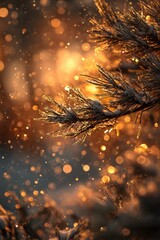 Winter pine branch bathed in golden light