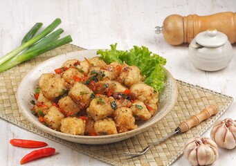 Tahu Cabe Garam. Salted chili tofu is a simple dish made from tofu that is cut and then added with flour and spices