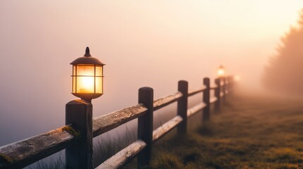 Misty morning, wooden fence with lit lamp posts