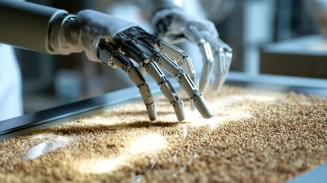 Robotic hands explore fine grains in a detailed demonstration of advanced sensory technology