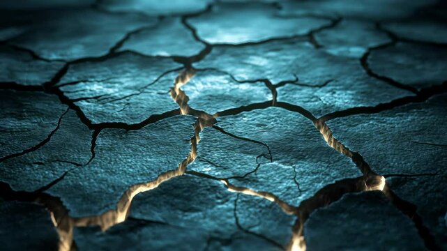 Ancient Power Awakens a cinematic background of cracked earth, where molten energy glows brightly from deep fissures in the desolate ground.