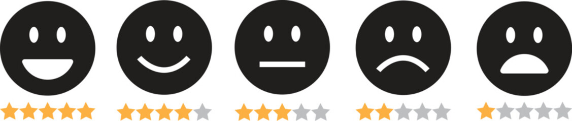 Feedback emoticon black flat icon set. Very happy, happy, neutral, sad and very sad emoji. Rating face with stars good to bad customer feedback indicator for survey, review, experience, satisfaction.