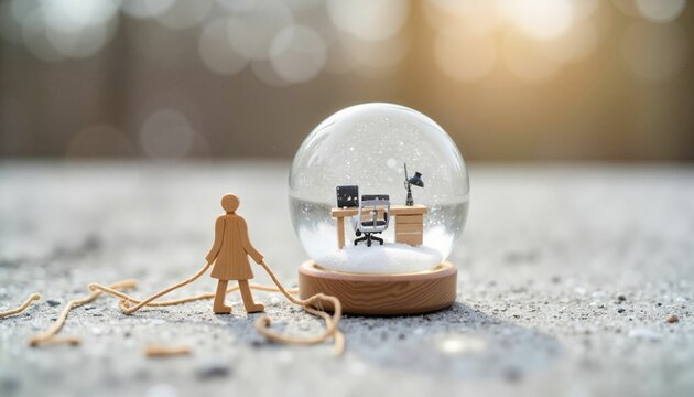 Figurine of a man escaping from confinement in an office, representing a metaphor for work-life balance and isolation