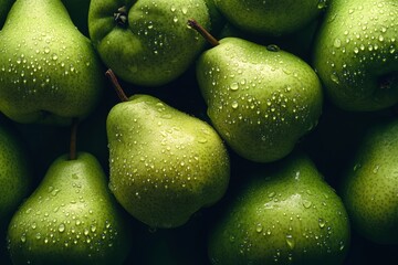 Fresh green pears covered in water droplets